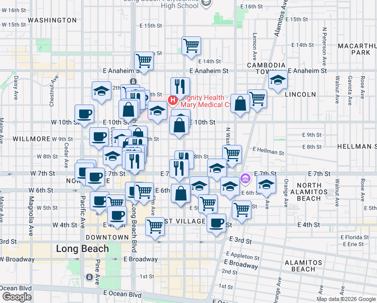 map of restaurants, bars, coffee shops, grocery stores, and more near 831 Atlantic Avenue in Long Beach