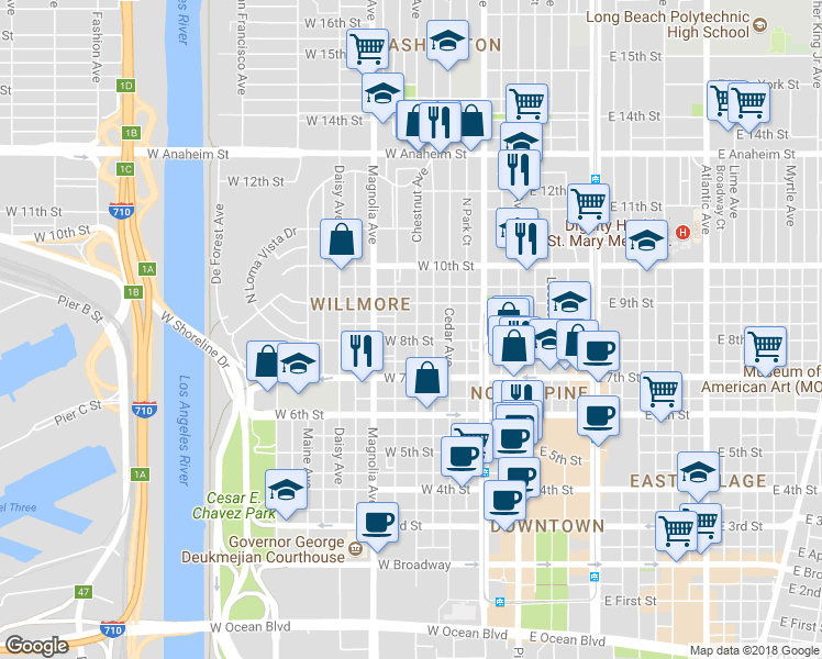 map of restaurants, bars, coffee shops, grocery stores, and more near 429 West 8th Street in Long Beach