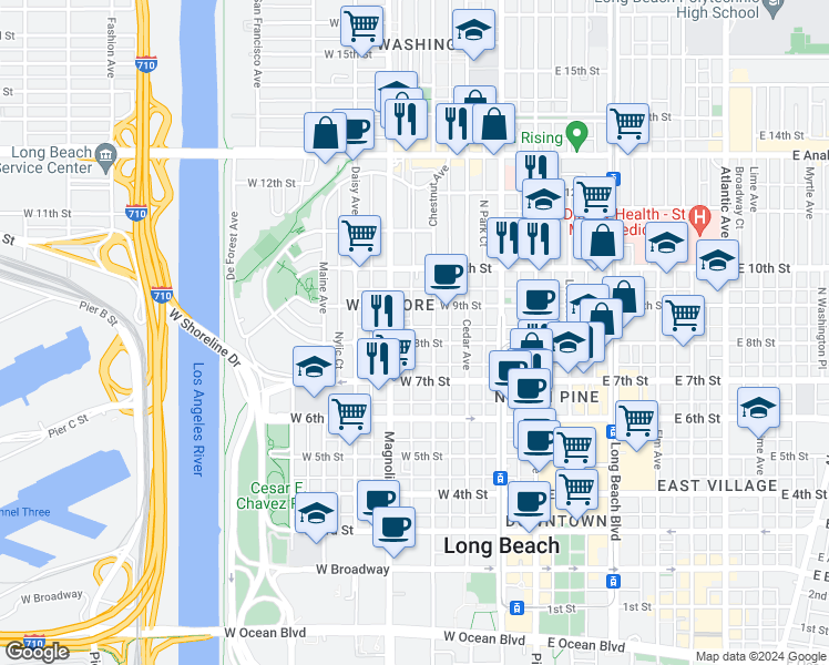 map of restaurants, bars, coffee shops, grocery stores, and more near 429 West 8th Street in Long Beach