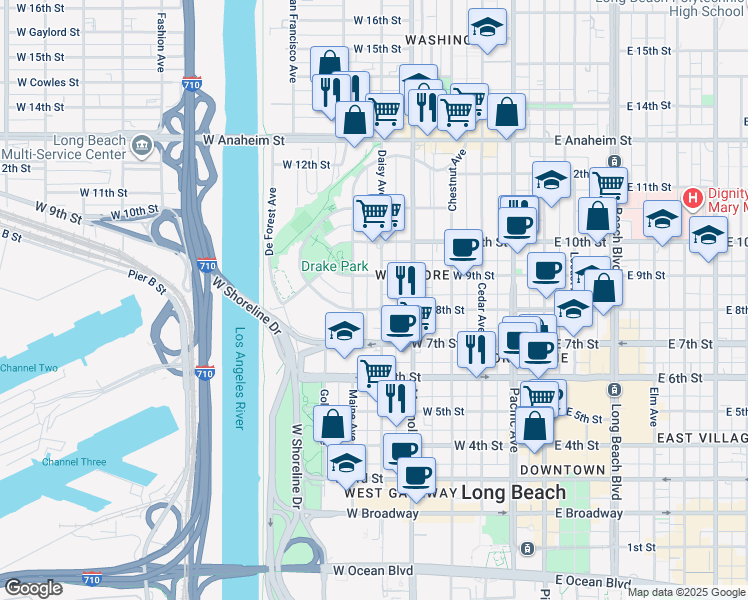 map of restaurants, bars, coffee shops, grocery stores, and more near 824 Nylic Court in Long Beach
