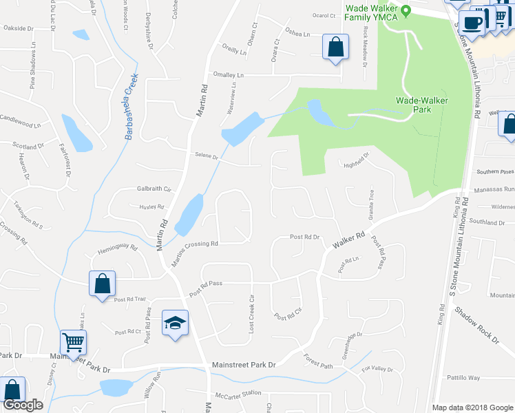 map of restaurants, bars, coffee shops, grocery stores, and more near 5353 Martins Crossing Road in Stone Mountain