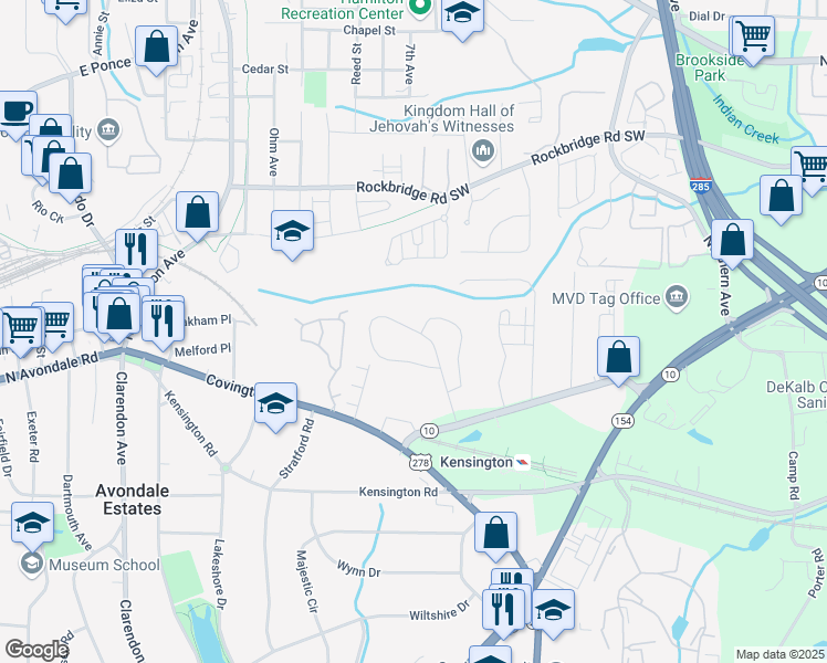 map of restaurants, bars, coffee shops, grocery stores, and more near 356 Pine Tree Circle in Decatur