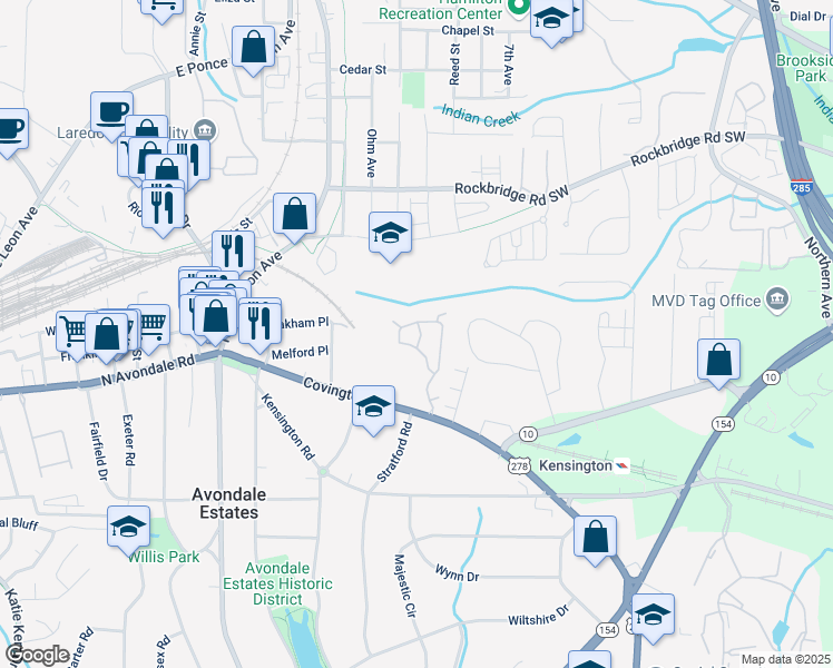 map of restaurants, bars, coffee shops, grocery stores, and more near 657 Stratford Green Way in Avondale Estates
