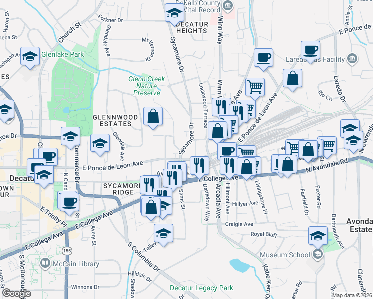 map of restaurants, bars, coffee shops, grocery stores, and more near 303 Sycamore Drive in Decatur