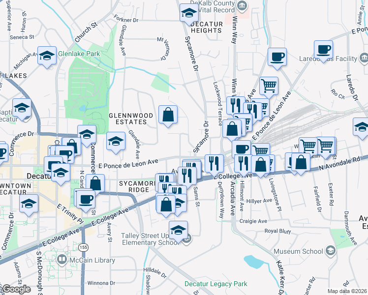 map of restaurants, bars, coffee shops, grocery stores, and more near 104 Hillcrest Avenue in Decatur