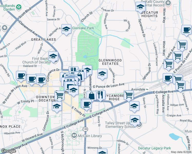 map of restaurants, bars, coffee shops, grocery stores, and more near 140 Ponce De Leon Court in Decatur