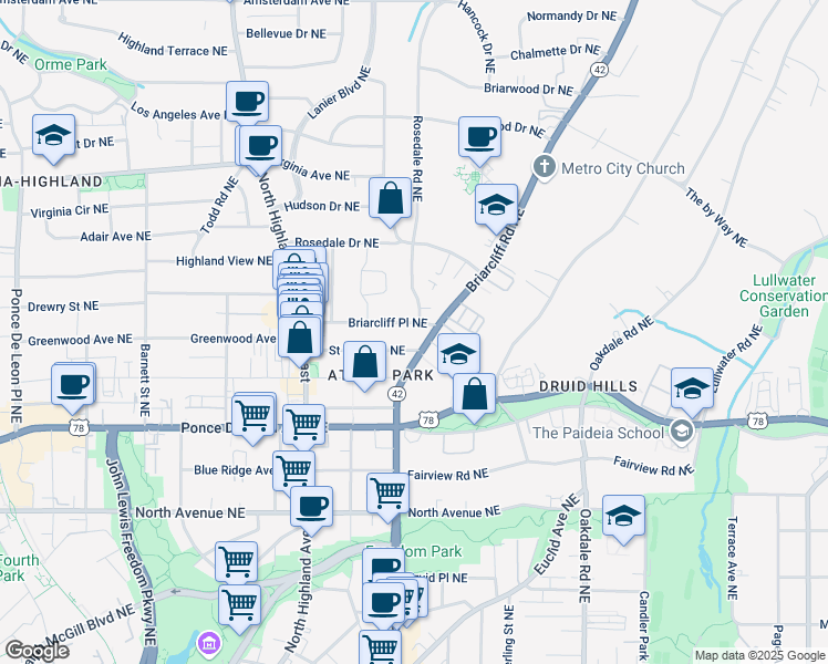 map of restaurants, bars, coffee shops, grocery stores, and more near 1195 Briarcliff Place Northeast in Atlanta