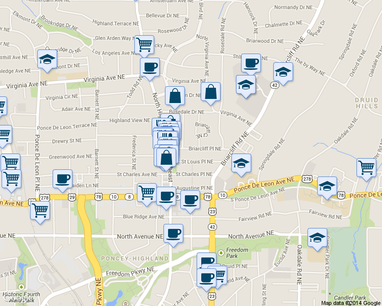 map of restaurants, bars, coffee shops, grocery stores, and more near 1111 Briarcliff Place Northeast in Atlanta