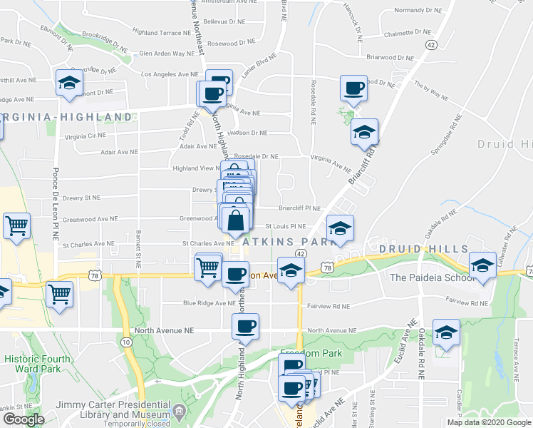map of restaurants, bars, coffee shops, grocery stores, and more near 1111 Briarcliff Place Northeast in Atlanta