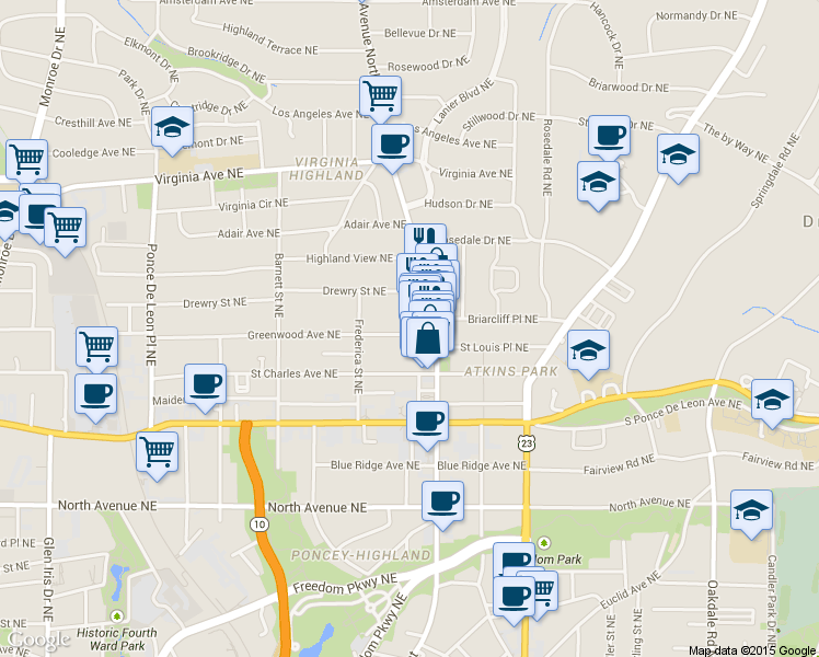 map of restaurants, bars, coffee shops, grocery stores, and more near 1016 Greenwood Avenue Northeast in Atlanta