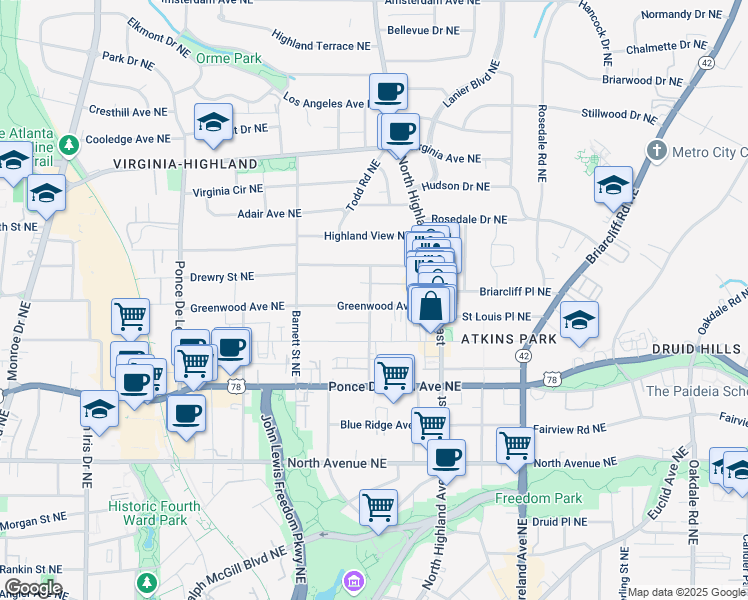 map of restaurants, bars, coffee shops, grocery stores, and more near 974 Greenwood Avenue Northeast in Atlanta