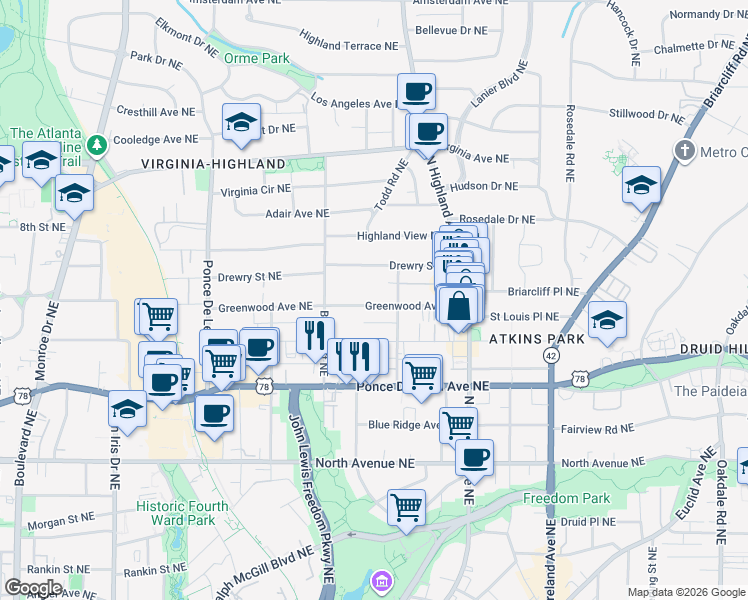 map of restaurants, bars, coffee shops, grocery stores, and more near 940 Greenwood Avenue Northeast in Atlanta