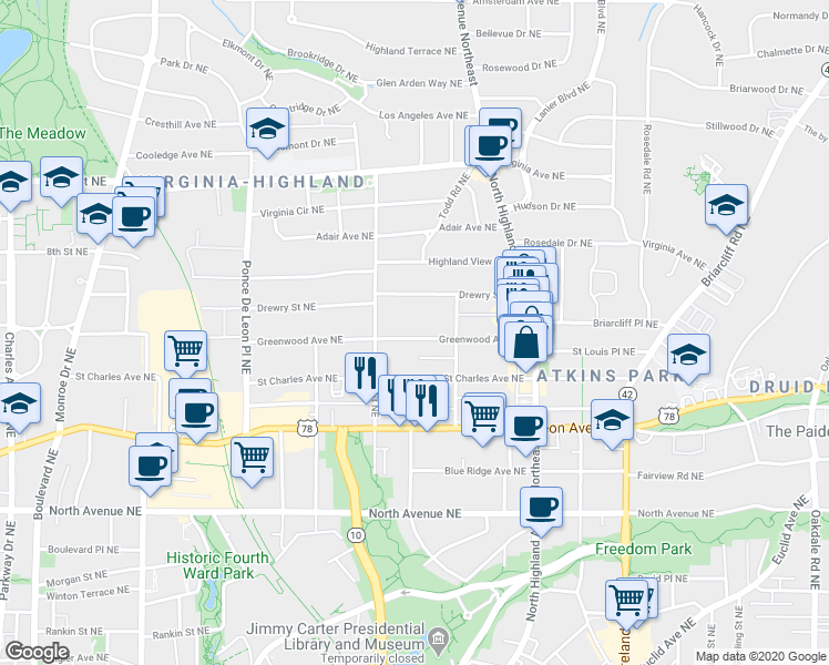 map of restaurants, bars, coffee shops, grocery stores, and more near 926 Greenwood Avenue Northeast in Atlanta