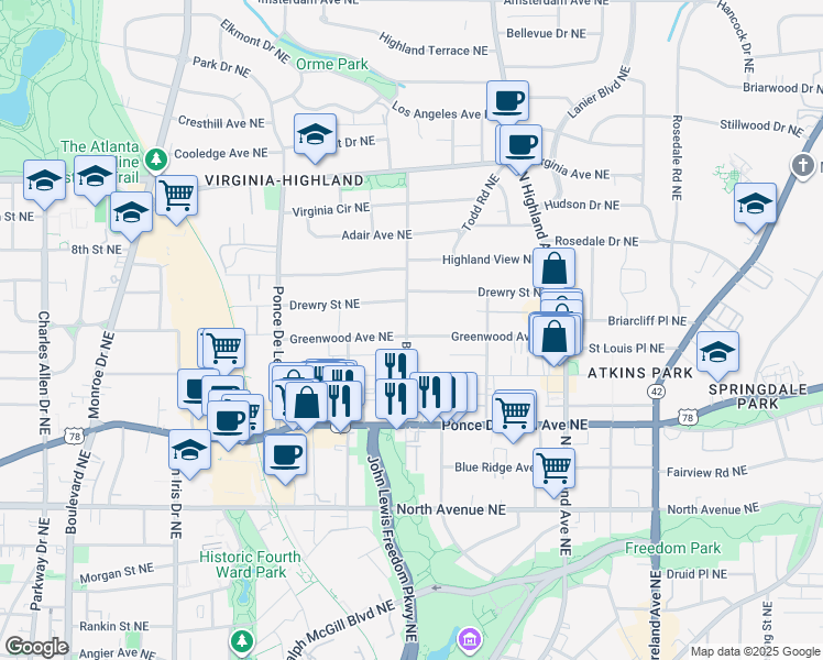 map of restaurants, bars, coffee shops, grocery stores, and more near 821 Barnett Street Northeast in Atlanta