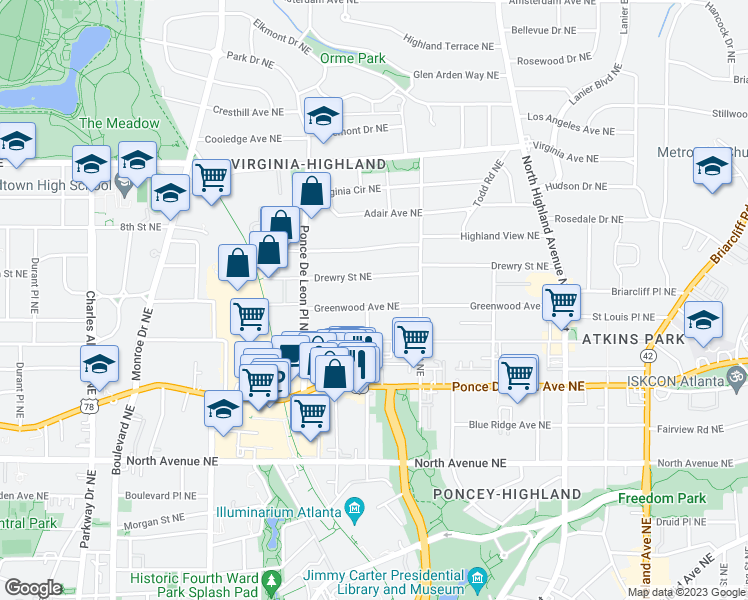 map of restaurants, bars, coffee shops, grocery stores, and more near 836 Greenwood Avenue Northeast in Atlanta