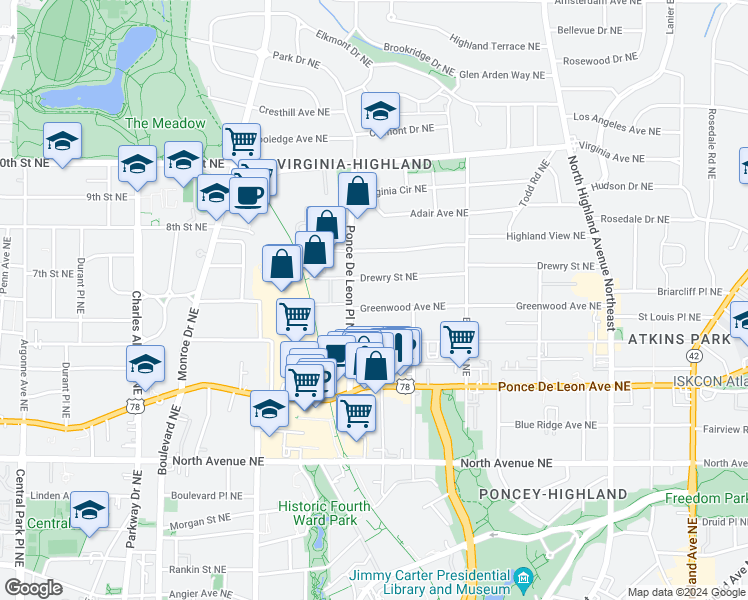 map of restaurants, bars, coffee shops, grocery stores, and more near 740 Greenwood Avenue Northeast in Atlanta