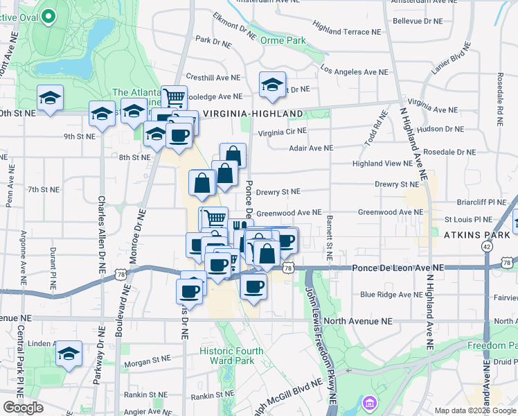 map of restaurants, bars, coffee shops, grocery stores, and more near 740 Greenwood Avenue Northeast in Atlanta