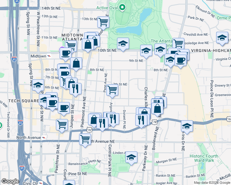map of restaurants, bars, coffee shops, grocery stores, and more near 817 Argonne Avenue Northeast in Atlanta