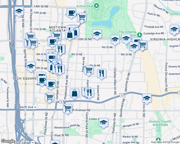 map of restaurants, bars, coffee shops, grocery stores, and more near 822 Argonne Avenue Northeast in Atlanta