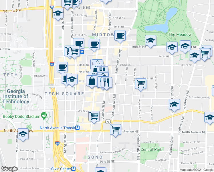 map of restaurants, bars, coffee shops, grocery stores, and more near 819 Juniper Street Northeast in Atlanta