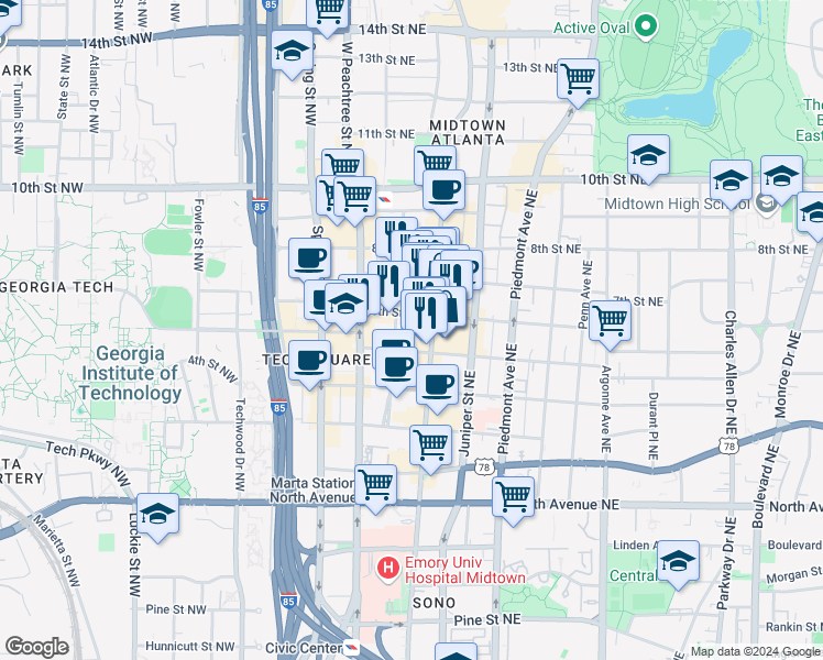 map of restaurants, bars, coffee shops, grocery stores, and more near 70 6th Street Northeast in Atlanta