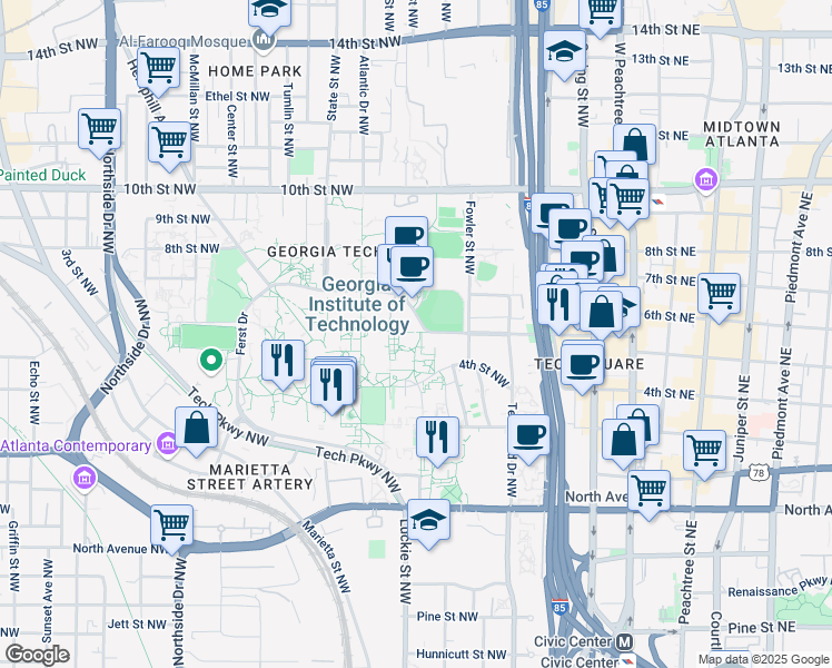 map of restaurants, bars, coffee shops, grocery stores, and more near 266 Ferst Drive Northwest in Atlanta