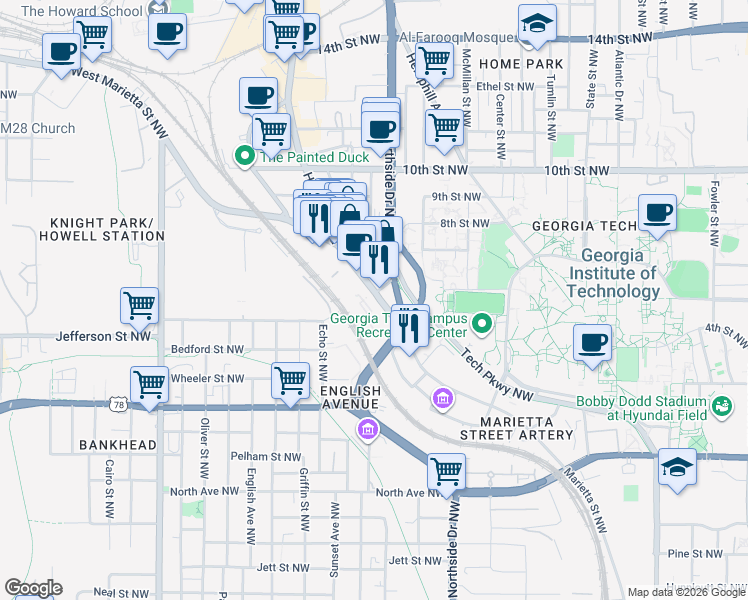 map of restaurants, bars, coffee shops, grocery stores, and more near 889 Marietta Street NorthWest in Atlanta