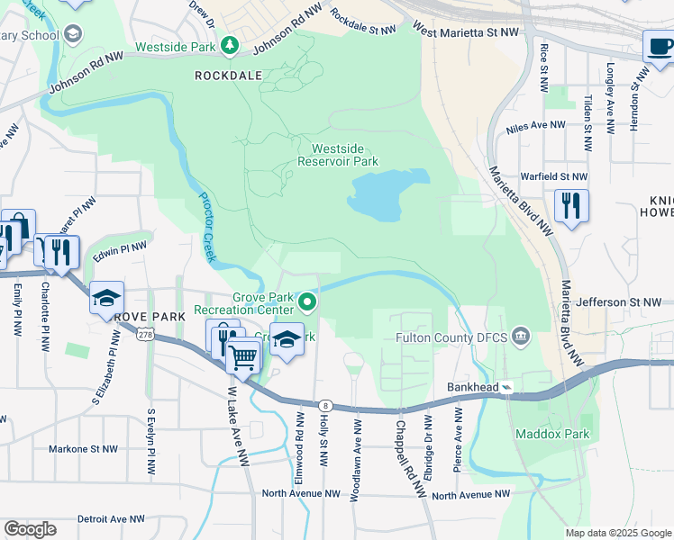 map of restaurants, bars, coffee shops, grocery stores, and more near 0 Grove Park Place Northwest in Atlanta