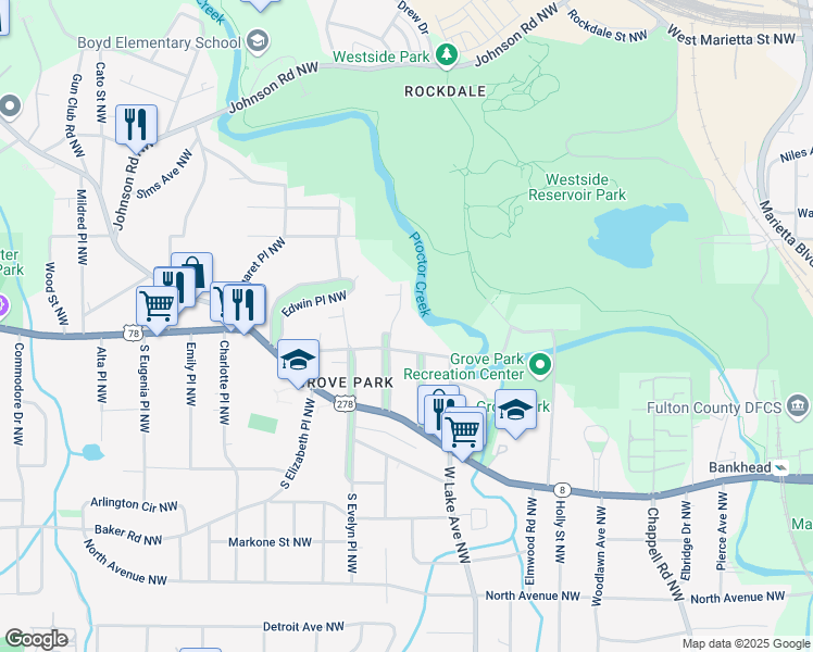 map of restaurants, bars, coffee shops, grocery stores, and more near 805 Gertrude Place Northwest in Atlanta