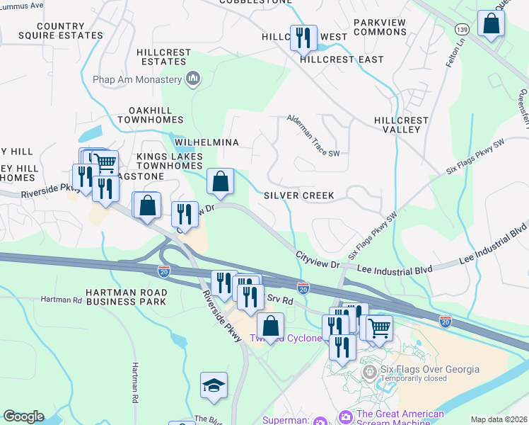 map of restaurants, bars, coffee shops, grocery stores, and more near 67 Golden Pine Road Southwest in Austell