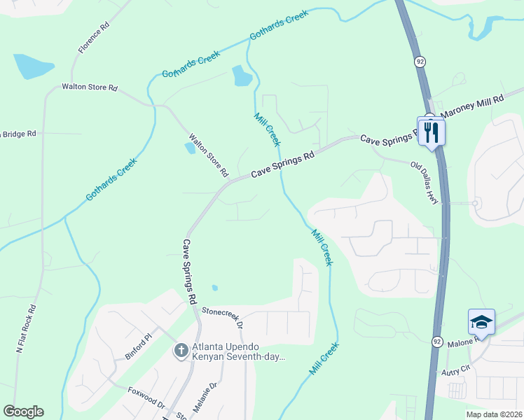 map of restaurants, bars, coffee shops, grocery stores, and more near 6317 Gothards Lane in Douglasville