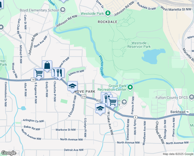 map of restaurants, bars, coffee shops, grocery stores, and more near 805 Gertrude Place Northwest in Atlanta