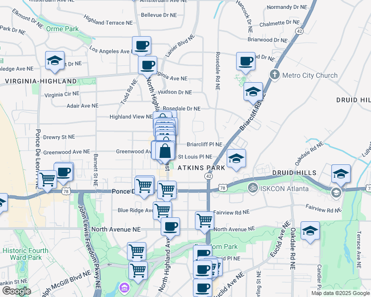 map of restaurants, bars, coffee shops, grocery stores, and more near 1111 Briarcliff Place Northeast in Atlanta