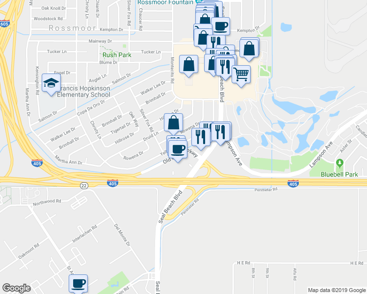 map of restaurants, bars, coffee shops, grocery stores, and more near 3242 Yellowtail Drive in Los Alamitos