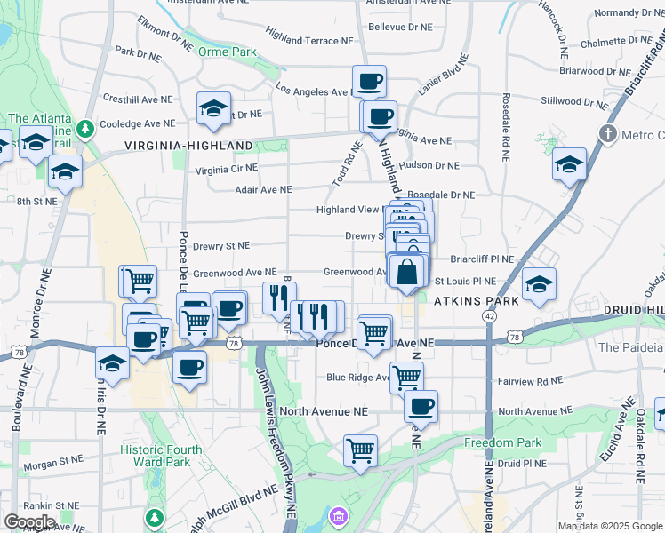 map of restaurants, bars, coffee shops, grocery stores, and more near 940 Greenwood Avenue Northeast in Atlanta