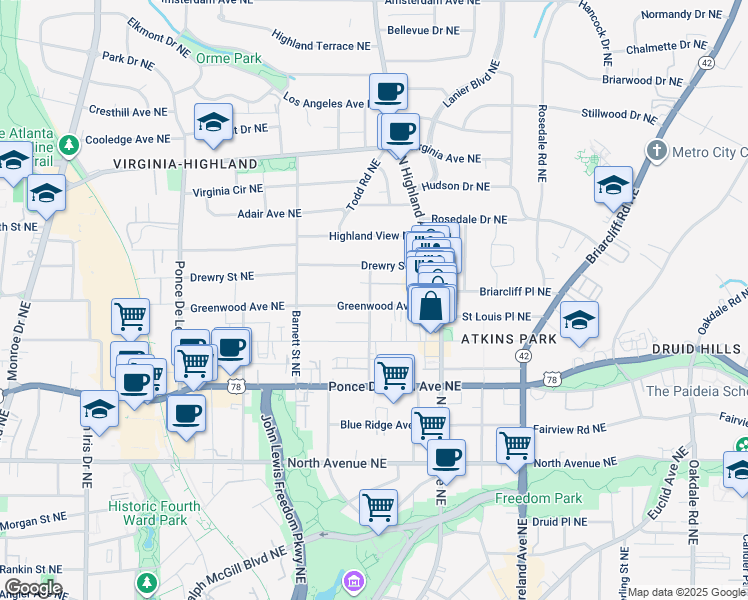 map of restaurants, bars, coffee shops, grocery stores, and more near 974 Greenwood Avenue Northeast in Atlanta