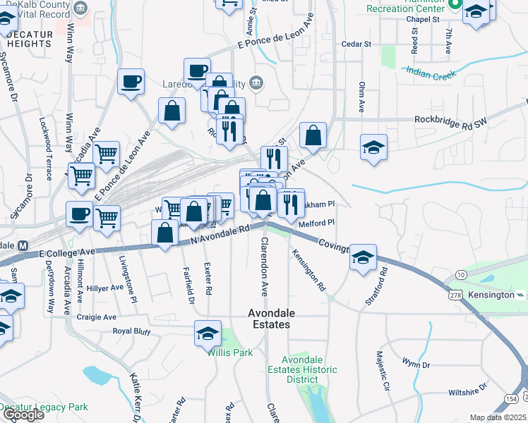 map of restaurants, bars, coffee shops, grocery stores, and more near 89 North Clarendon Avenue in Avondale Estates