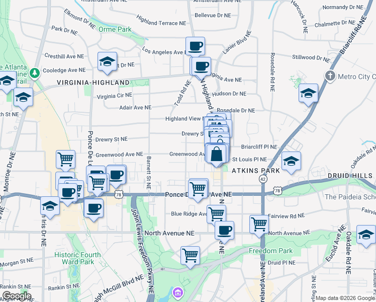 map of restaurants, bars, coffee shops, grocery stores, and more near 974 Greenwood Avenue Northeast in Atlanta