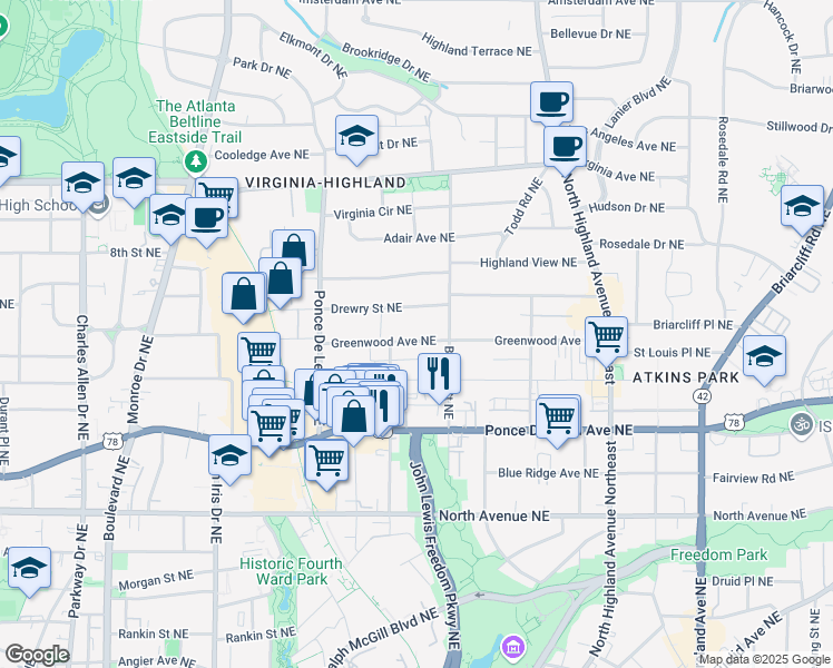 map of restaurants, bars, coffee shops, grocery stores, and more near 836 Greenwood Avenue Northeast in Atlanta