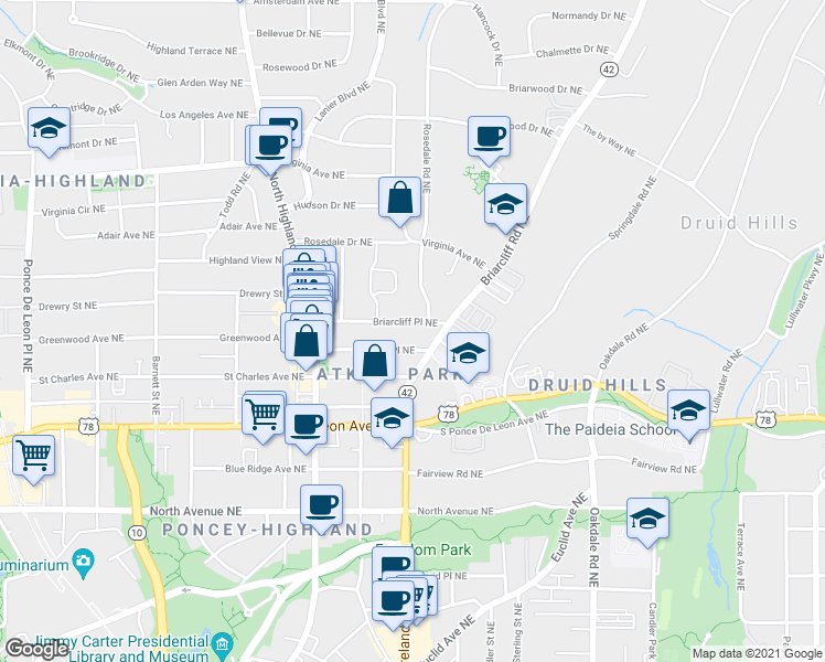 map of restaurants, bars, coffee shops, grocery stores, and more near 1175 Briarcliff Place Northeast in Atlanta