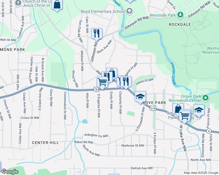 map of restaurants, bars, coffee shops, grocery stores, and more near 2061 U.S. 78 in Atlanta