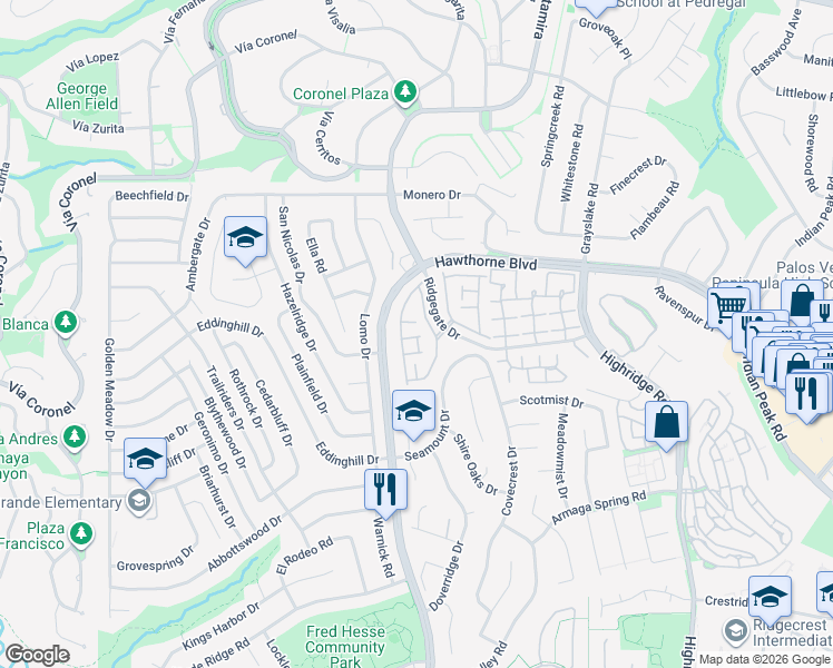 map of restaurants, bars, coffee shops, grocery stores, and more near 28124 Ridgethorne Court in Rancho Palos Verdes