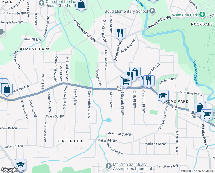 map of restaurants, bars, coffee shops, grocery stores, and more near 2165 Donald Lee Hollowell Parkway Northwest in Atlanta