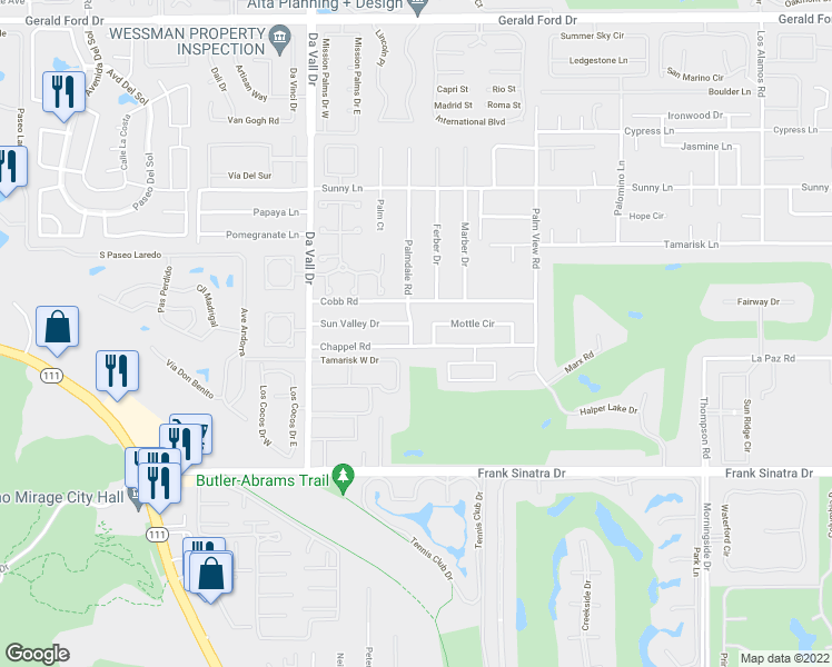 map of restaurants, bars, coffee shops, grocery stores, and more near 37356 Palmdale Road in Rancho Mirage