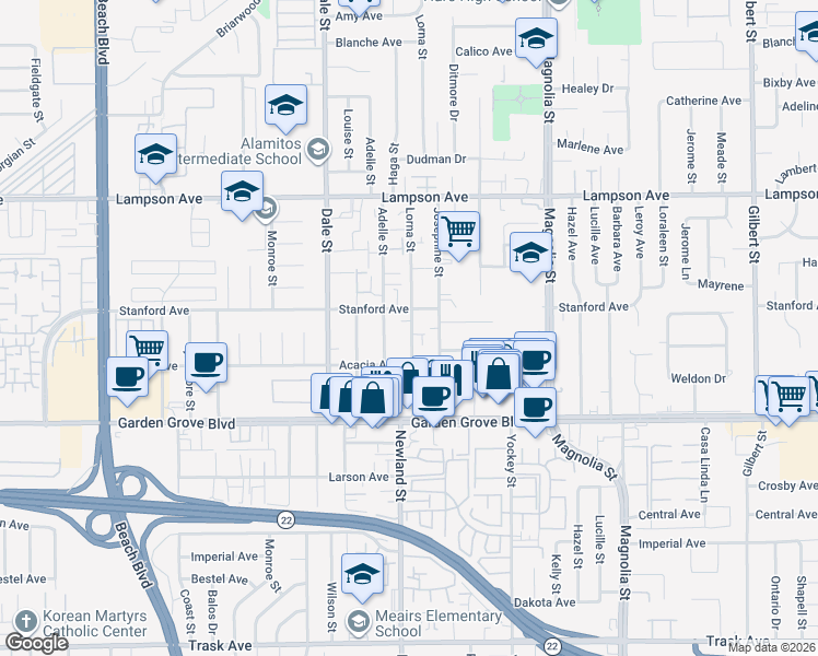 map of restaurants, bars, coffee shops, grocery stores, and more near 12771 Lorna Street in Garden Grove