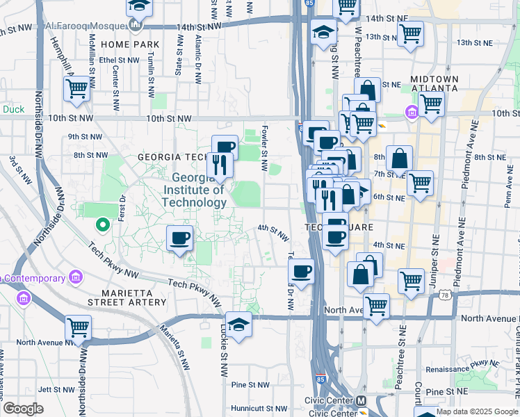 map of restaurants, bars, coffee shops, grocery stores, and more near 280 Ferst Drive in Atlanta
