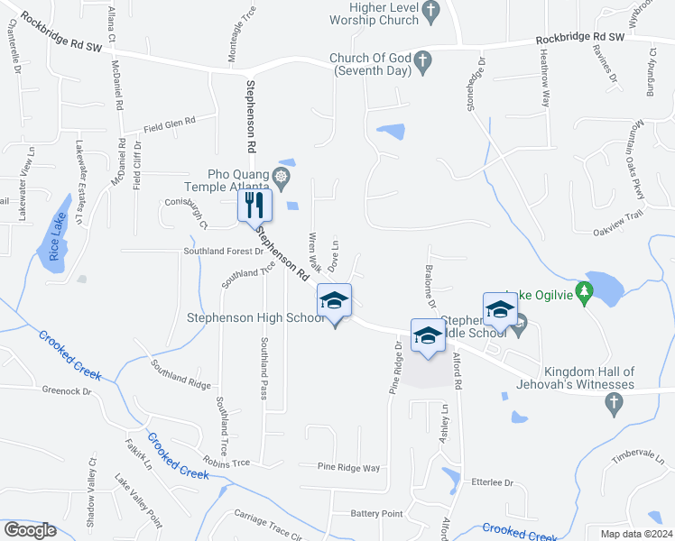 map of restaurants, bars, coffee shops, grocery stores, and more near 620 Dove Lane in Stone Mountain