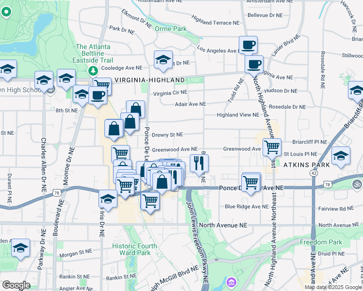 map of restaurants, bars, coffee shops, grocery stores, and more near 836 Greenwood Avenue Northeast in Atlanta