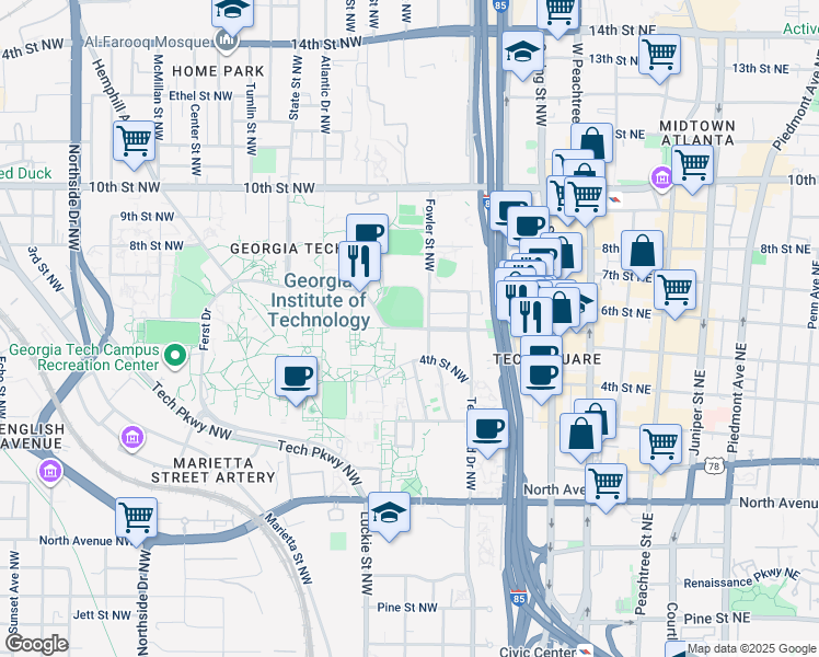 map of restaurants, bars, coffee shops, grocery stores, and more near 266 Ferst Drive in Atlanta