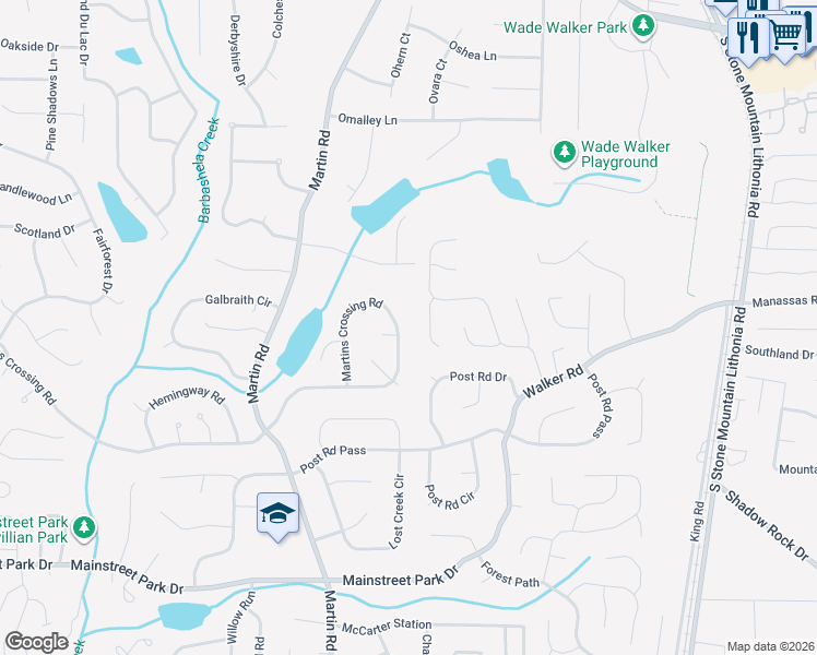 map of restaurants, bars, coffee shops, grocery stores, and more near 5353 Martins Crossing Road in Stone Mountain